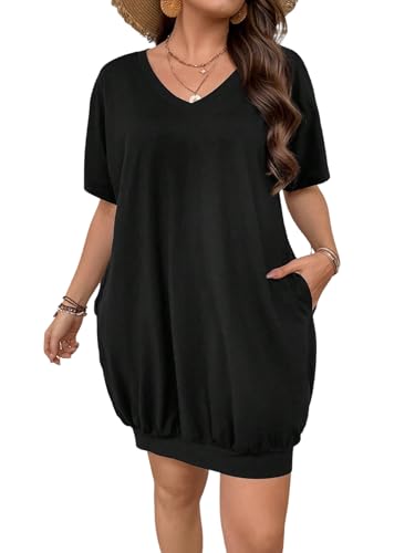 SweatyRocks Damen Curvy Sommerkleid Kurzarm Minikleid mit Taschen Lose T-Shirt Kleider mit V-Ausschnitt Große Größen Freizeitkleid Tunika Kleid Schwarz 3XL von SweatyRocks