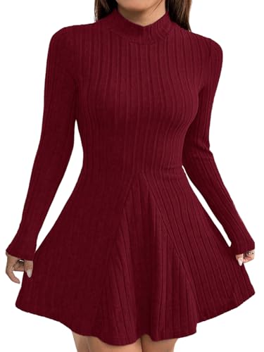 SweatyRocks Damen Curvy Strickkleid Elegant Herbstkleid Übergröße A-Linie Minikleid Stehkragen Winterkleid Langarm Pulloverkleid Rippstrick Kleid Herbst Bordeaux 1XL von SweatyRocks