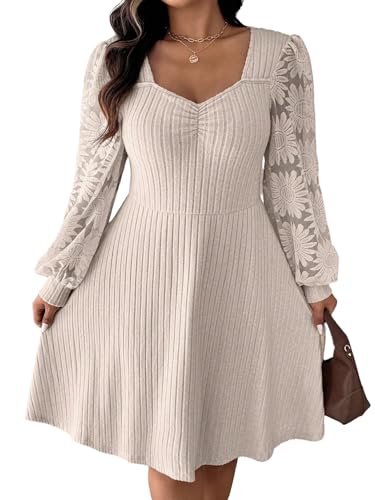 SweatyRocks Damen Curvy Strickkleid Elegant Pulloverkleid Übergröße Kleid mit Spitzen Minikleid Herzausschnitt A-Linie Herbstkleid Lanagrm Kleider Aprikosenfarben 3XL von SweatyRocks