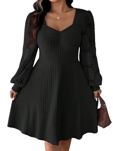 SweatyRocks Damen Curvy Strickkleid Elegant Pulloverkleid Übergröße Kleid mit Spitzen Minikleid Herzausschnitt A-Linie Herbstkleid Lanagrm Kleider Schwarz 4XL von SweatyRocks