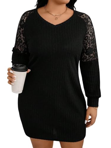 SweatyRocks Damen Curvy Strickkleid Langarm Geripptes Kleid V-Ausschnitt Pulloverkleid mit Spitzen Elegant Freizeitkleid Große Größen Minikleid Schwarz 3XL von SweatyRocks