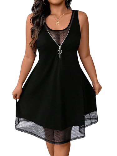 SweatyRocks Damen Curvy Trägerkleid Elegant Mesh Kleid mit U Ausschnitt Ärmellos Kleider A Linie Partykleider Freizeitkleid Causalkleid Schwarz 2XL von SweatyRocks
