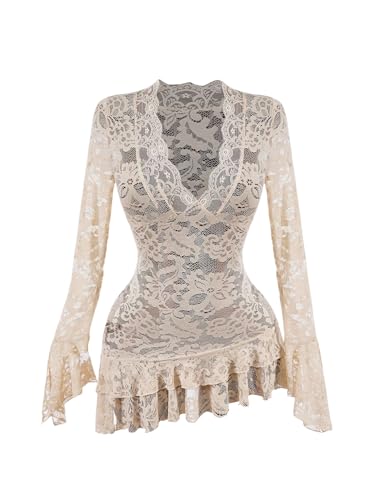 SweatyRocks Damen Durchsichtiges Kleid Elegant Spitzen Minikleid Figurbetontes Spitzenkleid Mit V-Ausschnitt Rüschen Langarmkleid Festival Outfit Aprikosenfarben M von SweatyRocks