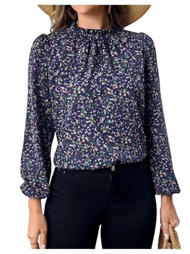 SweatyRocks Damen Elegant Bluse Chiffonbluse Stehkragen Blümchen Langarmshirts Oberteil Hemdbluse mit Überalles Muster Blau M von SweatyRocks