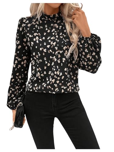 SweatyRocks Bluse Damen Elegant Langarm Blusen Hemdbluse Stehkragen Oberteil mit Blümchen Langarmshirts mit Überalles Muster Schwarz S von SweatyRocks