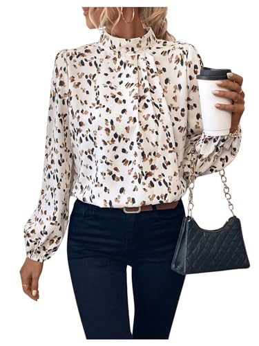 SweatyRocks Bluse Damen Elegant Langarm Blusen Hemdbluse Stehkragen Oberteil mit Blümchen Langarmshirts mit Überalles Muster Weiß L von SweatyRocks