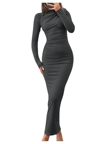 SweatyRocks Damen Elegant Kleid Bodycon Maxikleid Figurbetontes Kleid Langarm Vintage Freizeitkleid Enges Kleid mit Stehkragen für Party Grau M von SweatyRocks