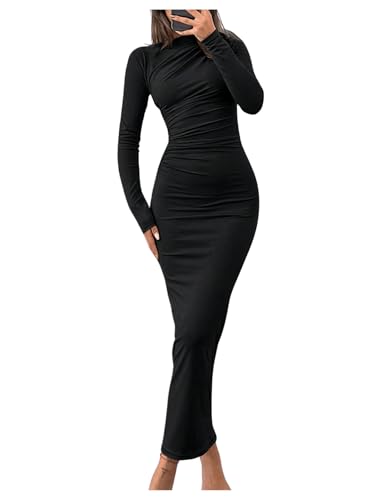 SweatyRocks Damen Elegant Kleid Bodycon Maxikleid Figurbetontes Kleid Langarm Vintage Freizeitkleid Enges Kleid mit Stehkragen für Party Schwarz XS von SweatyRocks