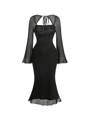 SweatyRocks Damen Elegant Kleid Fishtail Kleid mit Kreuzgurt Langarm Bleistiftkleid Midikleid Rückenfreies Kleid mit Mesh Schwarz M von SweatyRocks