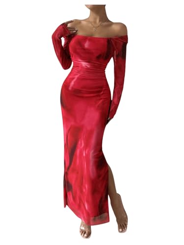 SweatyRocks Damen Elegant Kleid Lang Batikkleid mit Schlitz Bodycon Freizeitkleid mit Rüschen Langarm Figurbetontes Kleid Rot M SweatyRocks Damen Elegant Kleid Lang Batikkleid mit Schlitz Bodycon Freizeitkleid mit Rüschen Langarm Figurbetontes Kleid Rot M von SweatyRocks