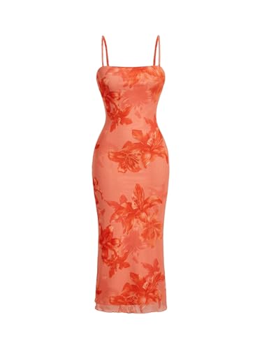 SweatyRocks Damen Elegant Kleid Spaghettiträger Blumenkleid Lang Geblümtes Sommerkleid Bodycon Midikleid Ärmellos Freizeitkleid aus Mesh Orange XS von SweatyRocks
