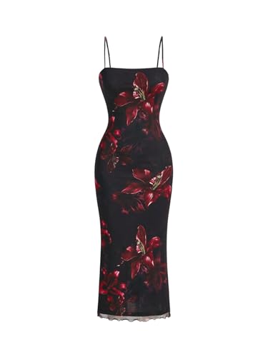 SweatyRocks Damen Elegant Kleid Spaghettiträger Blumenkleid Lang Geblümtes Sommerkleid Bodycon Midikleid Ärmellos Freizeitkleid aus Mesh Schwarz S von SweatyRocks