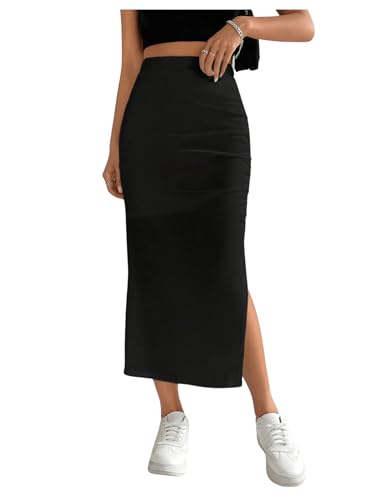 SweatyRocks Damen Elegant Geraffter Rock Mit Schlitz - Vintage Lang Freizeitrock für Party - Figurbetonter Schwarz L von SweatyRocks