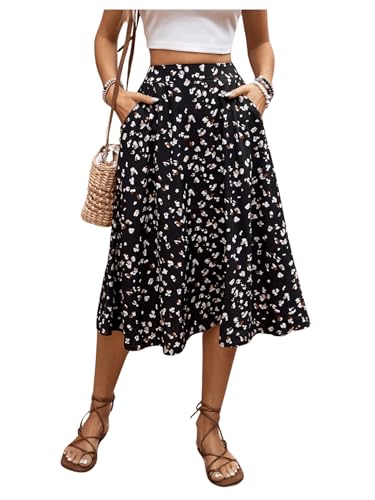 SweatyRocks Strandrock Damen Knielang Plisseerock Langer Rock Mit Tasche Midirock Sommer Blumenrock Mit Elastischem Bund Schwarz M von SweatyRocks