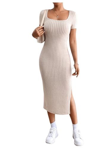 SweatyRocks Damen Figurbetont Freizeitkleid Strickkleid Kurzarm Kleid Bodycon Bleistiftkleid Midikleid mit Schlitz Aprikosenfarben L SweatyRocks Damen Figurbetont Freizeitkleid Strickkleid Kurzarm Kleid Bodycon Bleistiftkleid Midikleid mit Schlitz Aprikosenfarben L von SweatyRocks