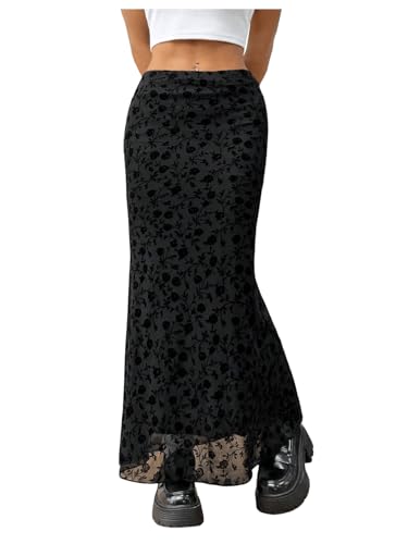 SweatyRocks Damen Figurbetonter Midirock Mesh Sommerrock Fischschwanz Gotisch Röcke Enger Rock mit Wellensaum Schwarz L von SweatyRocks