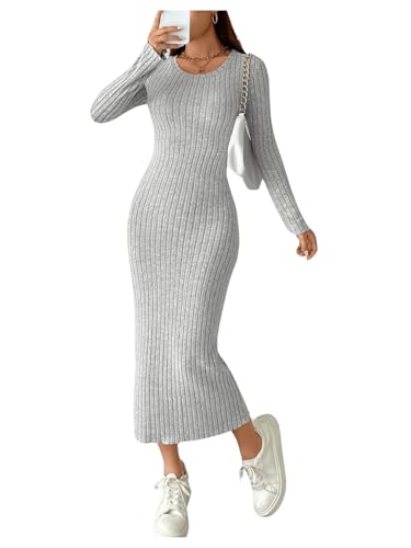 SweatyRocks Damen Figurbetontes Kleid Langarm Bodycon Freizeitkleid Langes Strickkleid Enger Pulloverkleid mit Rippenstrick Grau M von SweatyRocks
