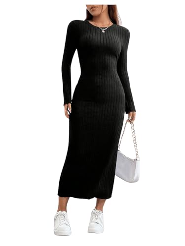 SweatyRocks Damen Figurbetontes Kleid Langarm Bodycon Freizeitkleid Langes Strickkleid Enger Pulloverkleid mit Rippenstrick Schwarz M von SweatyRocks