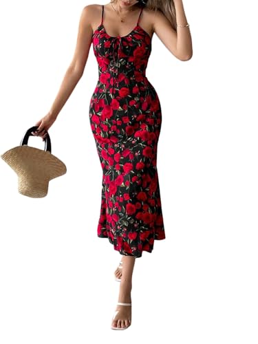 SweatyRocks Damen Floral Sommerkleid Elegant Kleid mit Blumenmuster Midikelid Spaghettiträger Trägerkleid Ärmelloses Strandkleid Urlaubkleid Schwarz M von SweatyRocks