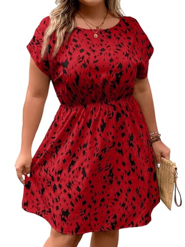 SweatyRocks Damen Große Größen Kleid A Linie Kleider Kurzarm Sommerkleid Curvy Damenkleider mit Überalles Muster Fledermausärmel Freizeitkleid Rot 2XL von SweatyRocks