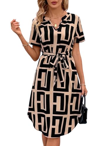 SweatyRocks Damen Hemdkleid Elegant Blusenkleid Kurzarm A Linie Tunikakleid Casual Sommerkleid Shirtkleid Knielang Kleid mit Gürtel Khaki L von SweatyRocks
