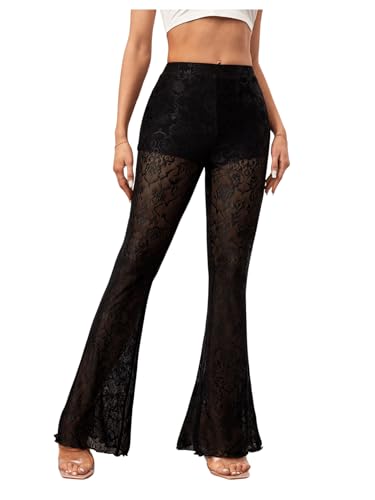 SweatyRocks Damen Hose Herbst Elegant Hose Mit Spitze Schlaghose Party Transparente Hose Festival Hose Mit Hoher Taille Durchsichtige Hose Schwarz S von SweatyRocks