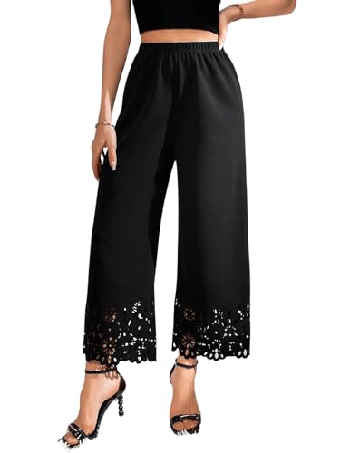 SweatyRocks Damen Hose Hose Mit Spitze Hosen Weite Beine Büro Hose Lang Office Casual Hose Freizeithose Mit Gummibund Anzughose Schwarz XS von SweatyRocks