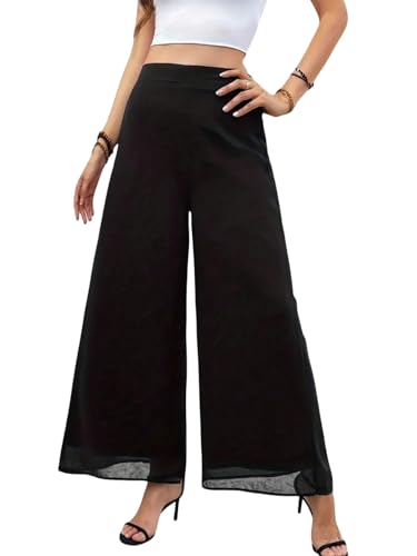 SweatyRocks Damen Hose Lange Sommerhose mit Gummizugband Weites Bein Freizeithose Locker Damenhosen Hohe Taille Gefaltet Hose Lange Bequem Outdoorhose Sommer Outfit Schwarz L von SweatyRocks