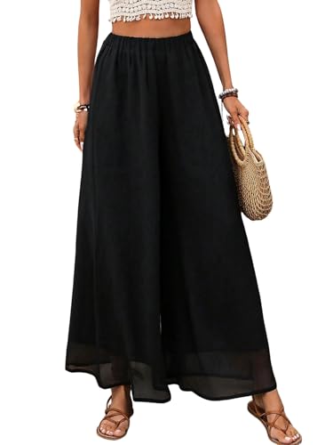 SweatyRocks Damen Hose Weites Bein Freizeithose Locker Lange Sommerhosen mit Gummizug Sommer Hohe Taille Hosen Urlaub Strandhose Leicht Casualhose Schwarz S von SweatyRocks