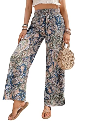 SweatyRocks Damen Hose Weites Bein Sommerhosen Hohe Taille Freizeithose Boho Paisleymuster Lange Hosen Lockere Jogginghose Leicht Elastischer Bund Damenhosen Blau L von SweatyRocks
