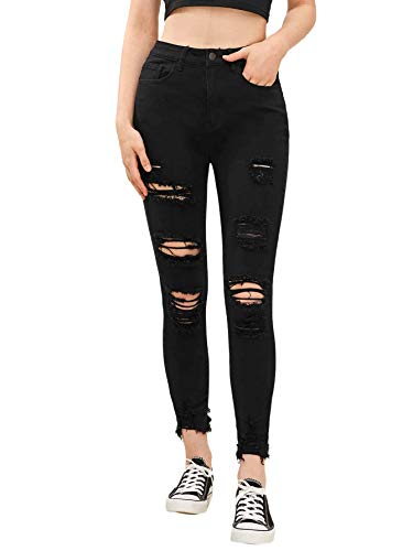 SweatyRocks Jeans Damen High Waist Jeans Mit Löchern Jeanshose Mit Taschen Skinny Jeans Gerissene Jeans XS von SweatyRocks