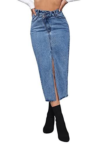 SweatyRocks Damen-Jeansrock, lässig, hohe Taille, geteilter Saum, roher Besatz, Midi-Jeansröcke, mittlere Waschung, L von SweatyRocks