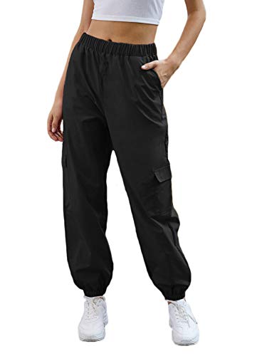 SweatyRocks Damen-Jogger-Workout-Cargohose mit Kordelzug und Taschen (Pure Black, XS) von SweatyRocks