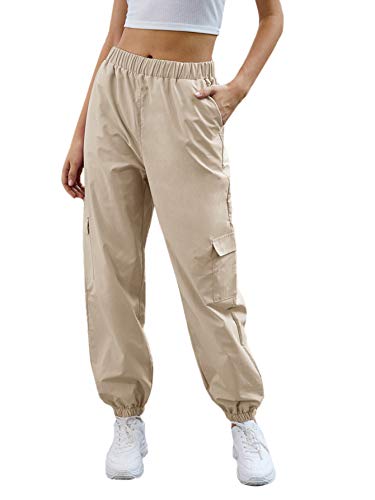 SweatyRocks Damen-Jogginghose, lässig, elastischer Bund, Workout-Cargohose mit Taschen, Khaki, XL. von SweatyRocks