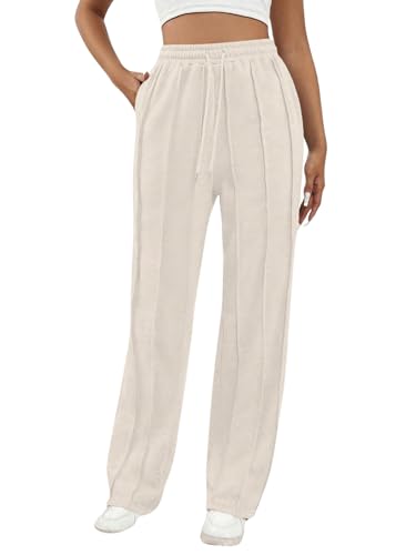 SweatyRocks Damen Jogginghose Lang Sporthose Mit Taschen Sweathose Freizeithose Mit Kordelzug Trainingshose Locker Hose Mit Weitem Bein Aprikosenfarben L von SweatyRocks