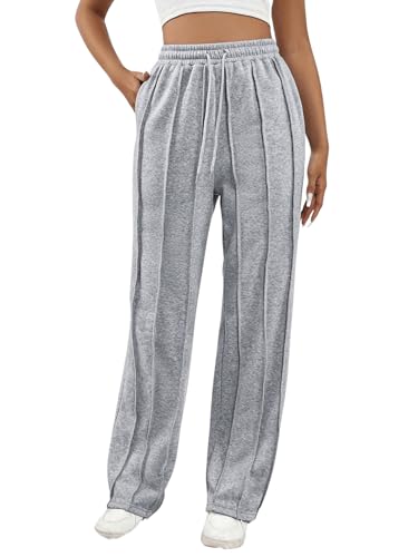 SweatyRocks Damen Jogginghose Lang Sporthose Mit Taschen Sweathose Freizeithose Mit Kordelzug Trainingshose Locker Hose Mit Weitem Bein Grau XS von SweatyRocks