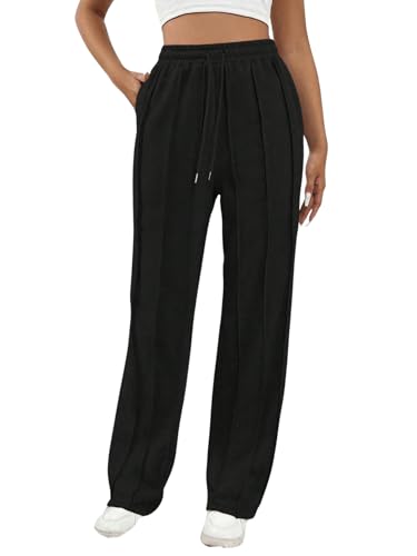 SweatyRocks Damen Jogginghose Lang Sporthose Mit Taschen Sweathose Freizeithose Mit Kordelzug Trainingshose Locker Hose Mit Weitem Bein Schwarz S von SweatyRocks
