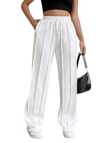 SweatyRocks Damen Jogginghose Lang Sporthose Mit Taschen Sweathose Freizeithose Mit Kordelzug Trainingshose Locker Hose Mit Weitem Bein Weiß L von SweatyRocks