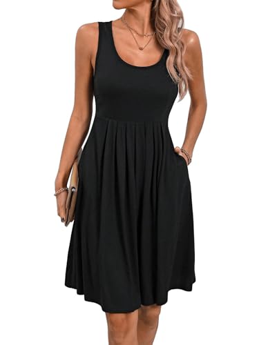 SweatyRocks Damen Kleid Ärmellose Kurze Kleider mit Taschen U Ausschnitt Sommerkleider Knielang Tank Plisseekleid Lässig Freizeitkleider A Linie Damenkleider Schwarz S von SweatyRocks