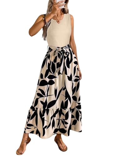 SweatyRocks Damen Kleid Ärmelloses Maxikleid A Linie Sommerkleider Pflanzenmuster Lange Kleider mit Gürtel Rüschensaum Freizeitkleid Boho Druckkleid Damenkleider Aprikosenfarben L von SweatyRocks