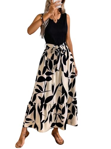 SweatyRocks Damen Kleid Ärmelloses Maxikleid A Linie Sommerkleider Pflanzenmuster Lange Kleider mit Gürtel Rüschensaum Freizeitkleid Boho Druckkleid Damenkleider Schwarz M von SweatyRocks
