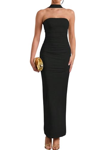 SweatyRocks Damen Kleid Ärmelloses Maxikleid Neckholder Damenkleider Elegant Schulterfreie Kleider Langes Sommerkleid Bodycon Trägerkleid Schwarz L von SweatyRocks