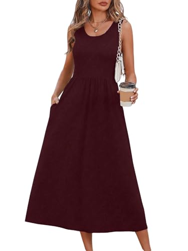 SweatyRocks Damen Kleid Ärmelloses Sommerkleid Lange Kleider A Linie Midikleid mit Taschen Tank Trägerkleid U Ausschnitt Damenkleider Freizeitkleid Bordeaux M von SweatyRocks