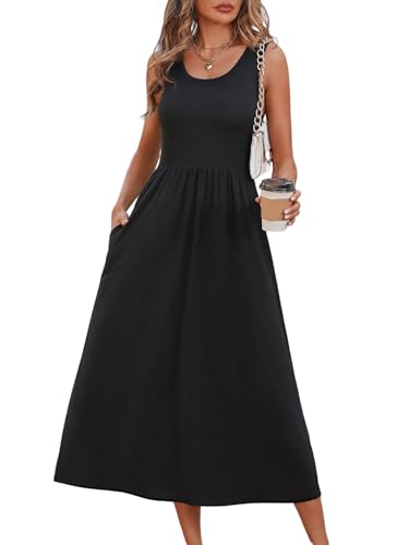 SweatyRocks Damen Kleid Ärmelloses Sommerkleid Lange Kleider A Linie Midikleid mit Taschen Tank Trägerkleid U Ausschnitt Damenkleider Freizeitkleid Schwarz M von SweatyRocks