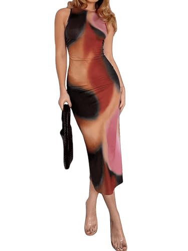 SweatyRocks Damen Kleid Batik Muster Tankkleid Verschiedenfarbig Ärmellos Kleider Elegant Rundkragen Sommerkleid Bodycon Midikleid Freizeitkleid Rot M von SweatyRocks