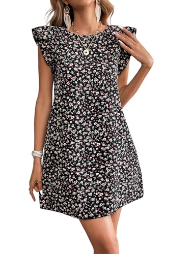 SweatyRocks Damen Kleid Blümchenmuster Sommerkleid Flügelärmel Minikleid Rundkragen Blumenkleid mit Rüschen Boho Kleider Kurzer Damenkleider Schwarz L von SweatyRocks