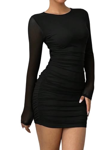 SweatyRocks Damen Kleid Bodycon Minikleid Langarm Sommerkleider Elegant Damenkleider Kurze Kleider Freizeit Meshkleid Gerafft Bleistiftkleid Schwarz M von SweatyRocks