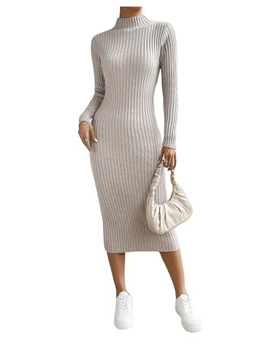 SweatyRocks Damen Kleid Bodycon Pulloverkleid Langarm Strickkleid mit Stehkragen Eng Freizeitkleid Herbst Midikleider Khaki XS von SweatyRocks