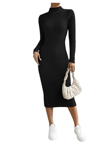 SweatyRocks Damen Kleid Bodycon Pulloverkleid Langarm Strickkleid mit Stehkragen Eng Freizeitkleid Herbst Midikleider Schwarz M von SweatyRocks