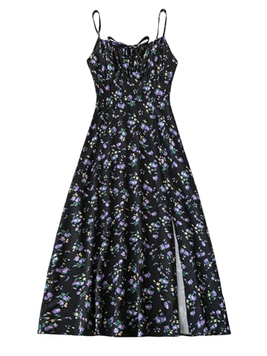 SweatyRocks Damen Kleid Böhmische Trägerkleider Spaghettiträger Kleid Blümchenmuster Sommerkleider mit Schlitz Ärmellose Freizeitkleider Strandkleider Knielang Midikleid Schwarz M von SweatyRocks